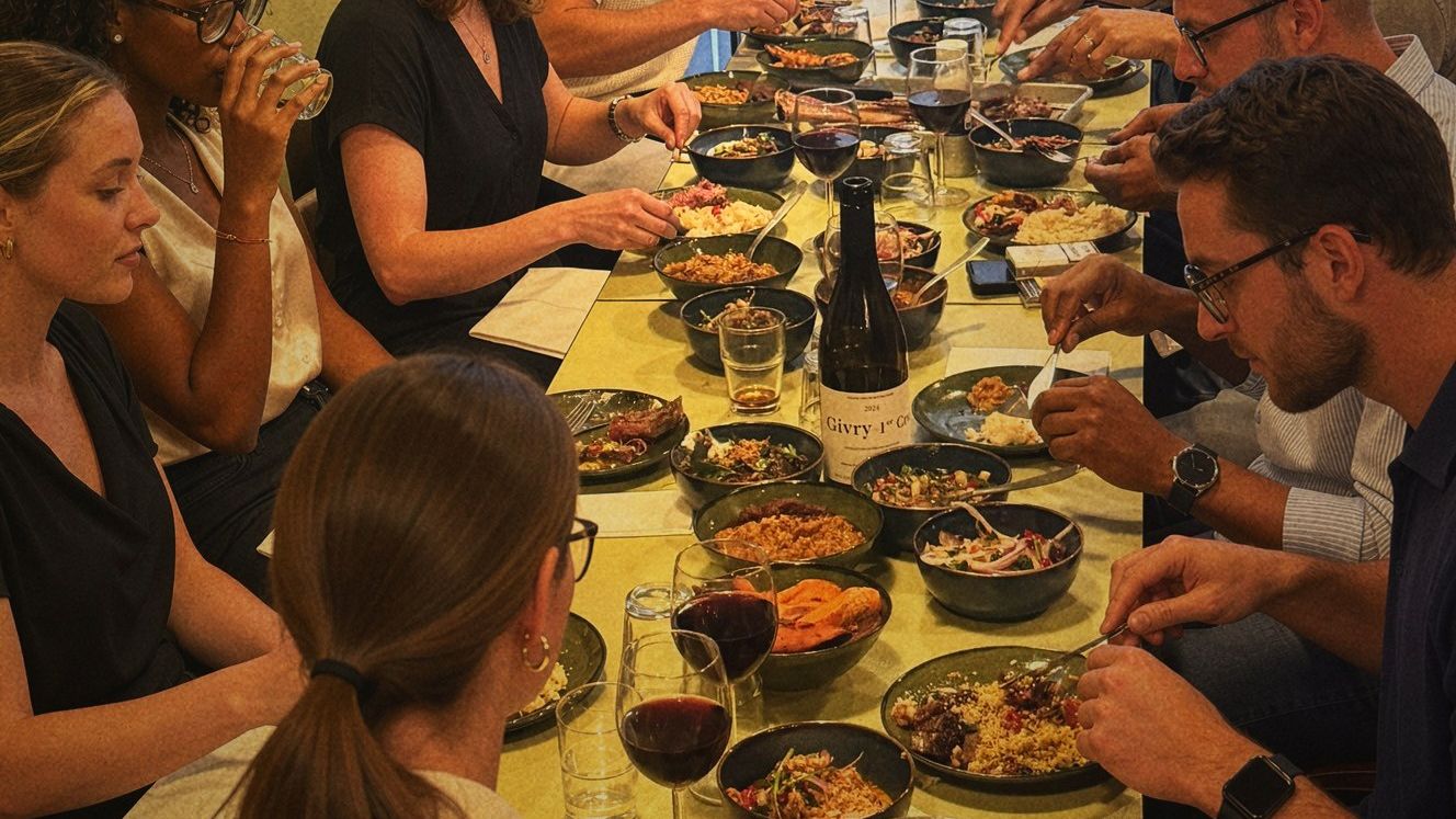 Une grande tablée de convives autour des assiettes à partager